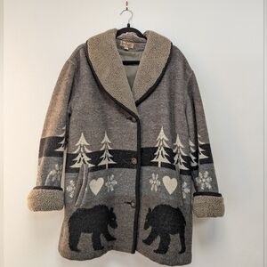 Cozy Gray Bear Print Coat with Sherpa Collar